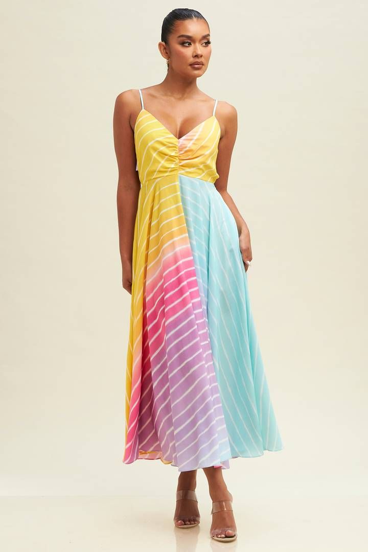 midi dress rainbow The Skylar Rainbow Stripe Midi Dress-White S